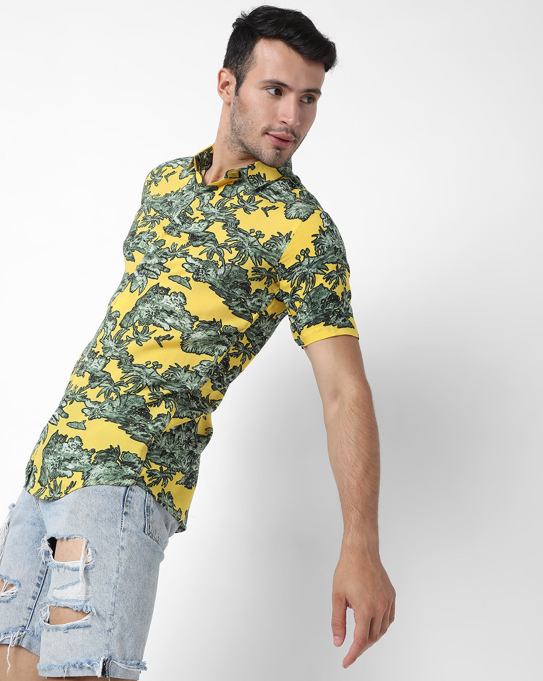 Yellow & Green Tropical Rayon Printed Half Sleeve Shirt