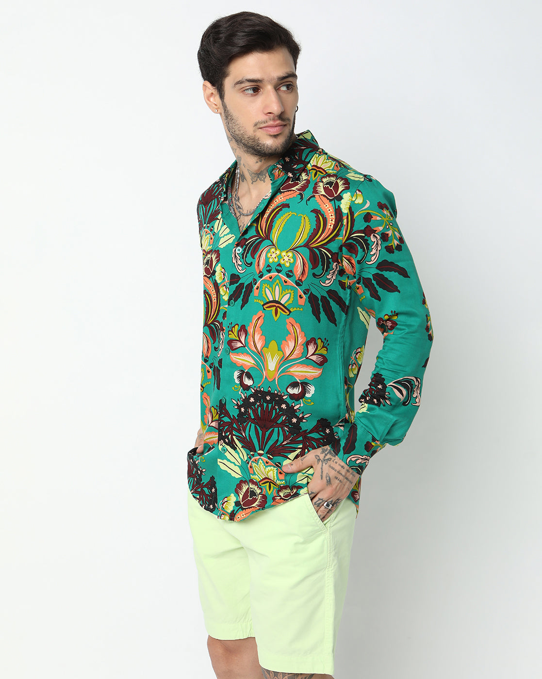 Blue Abstract Flowers Rayon Full Sleeve Shirt