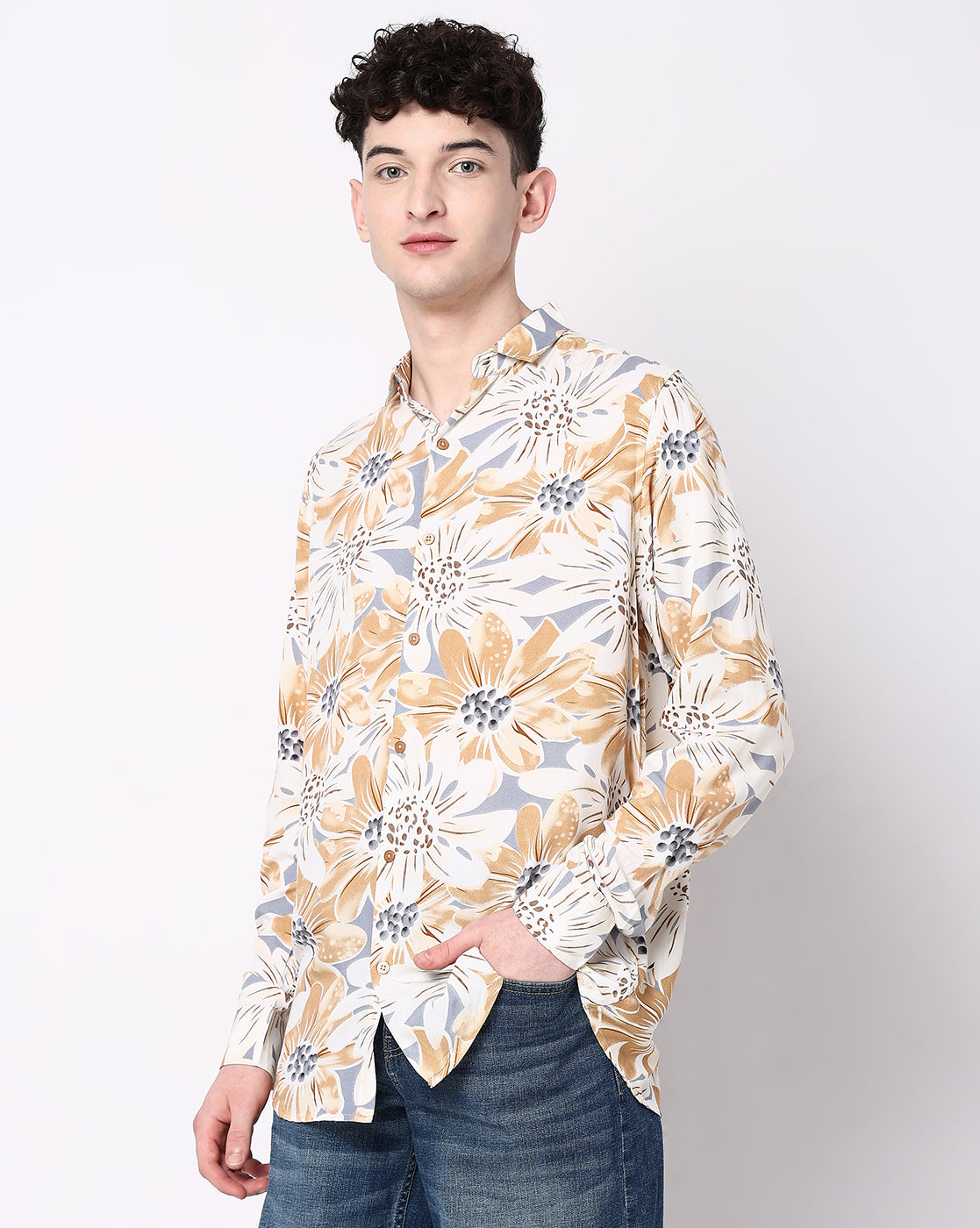 Multicolored Floral Print Rayon Full Sleeve Shirt