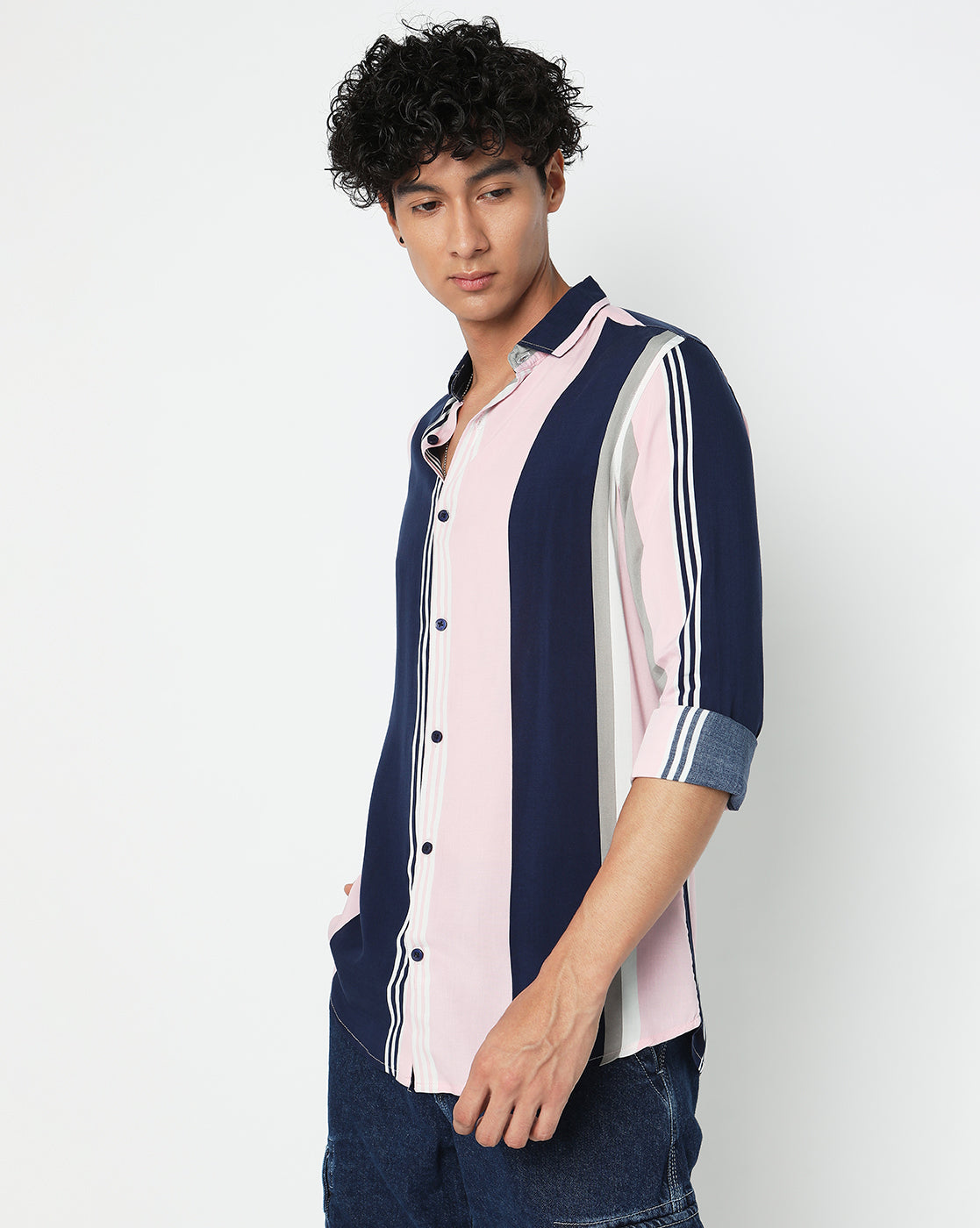 Baby pink and Blue Chalk Striped Rayon Full Sleeve Shirt
