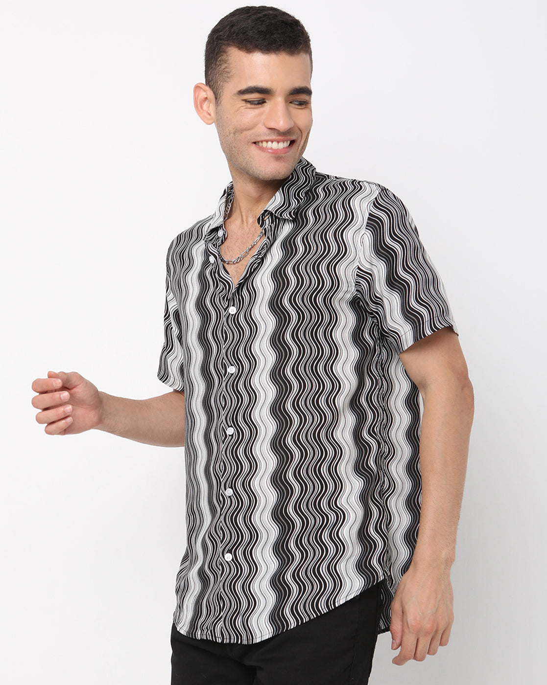 Black and White Wavy Printed Half Sleeve Rayon Shirt