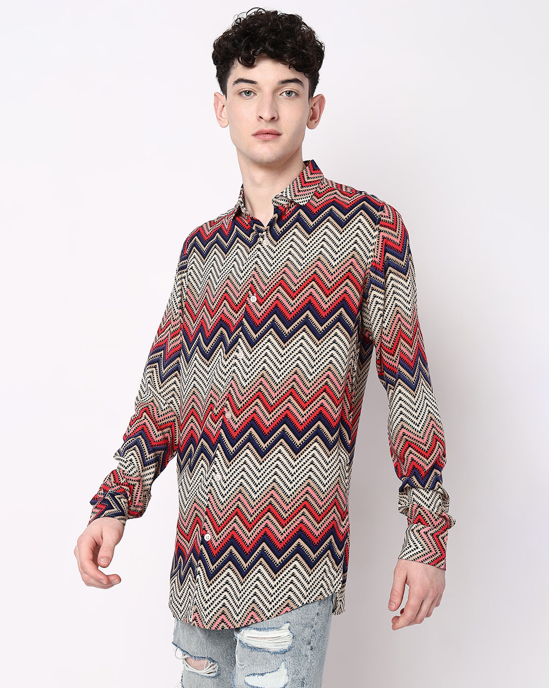 Red Based Multicolor Wave Designed Rayon Full Sleeve Shirt