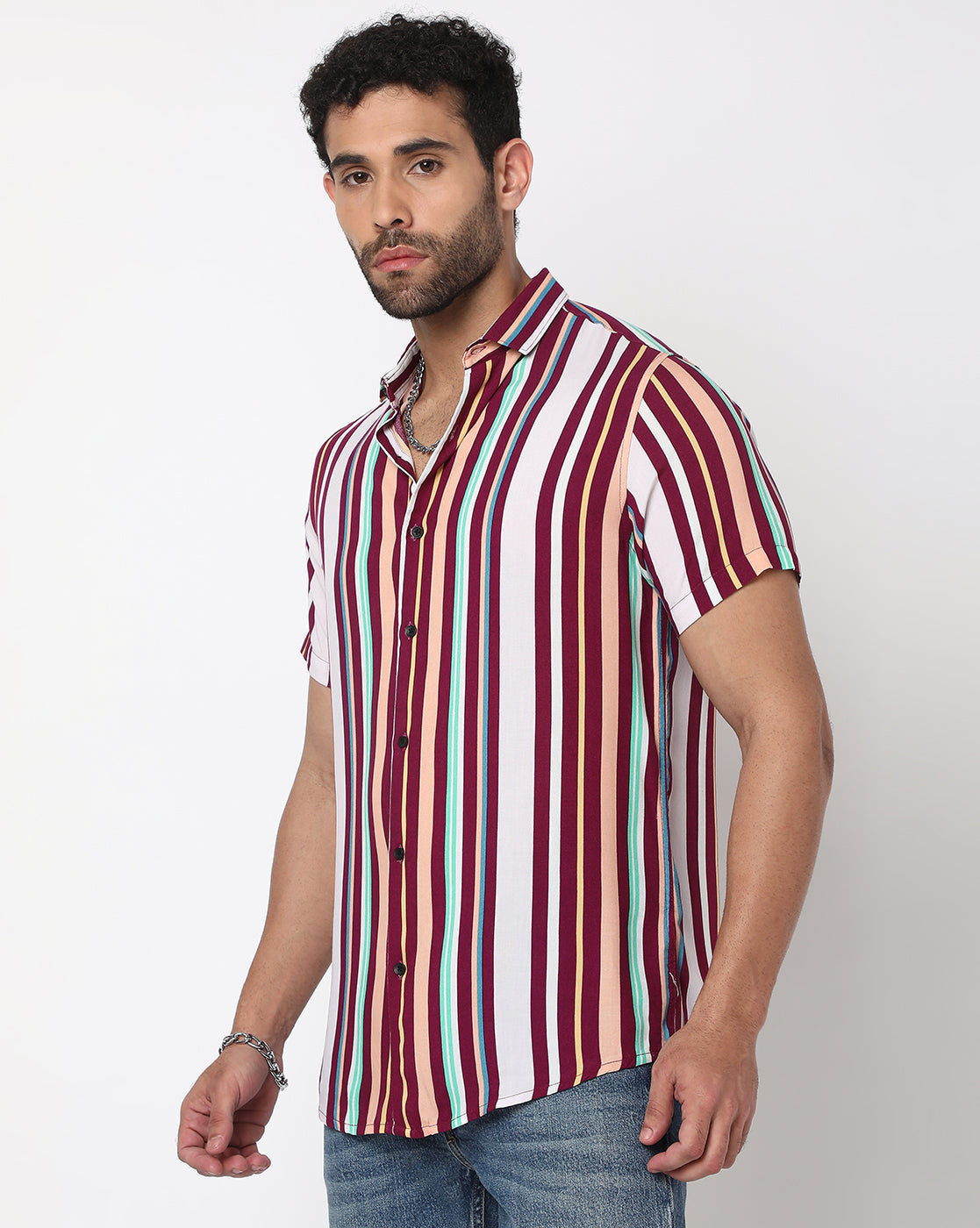 Maroon White Stripes Rayon Printed Half Sleeve Shirt