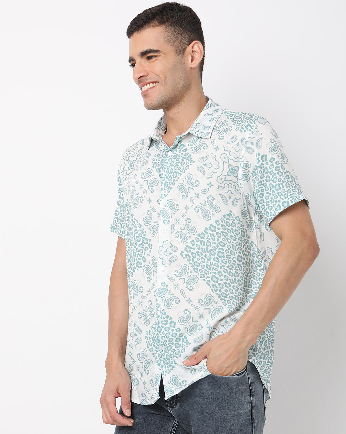 White Overall Abstract Printed Half Sleeve Rayon Shirt