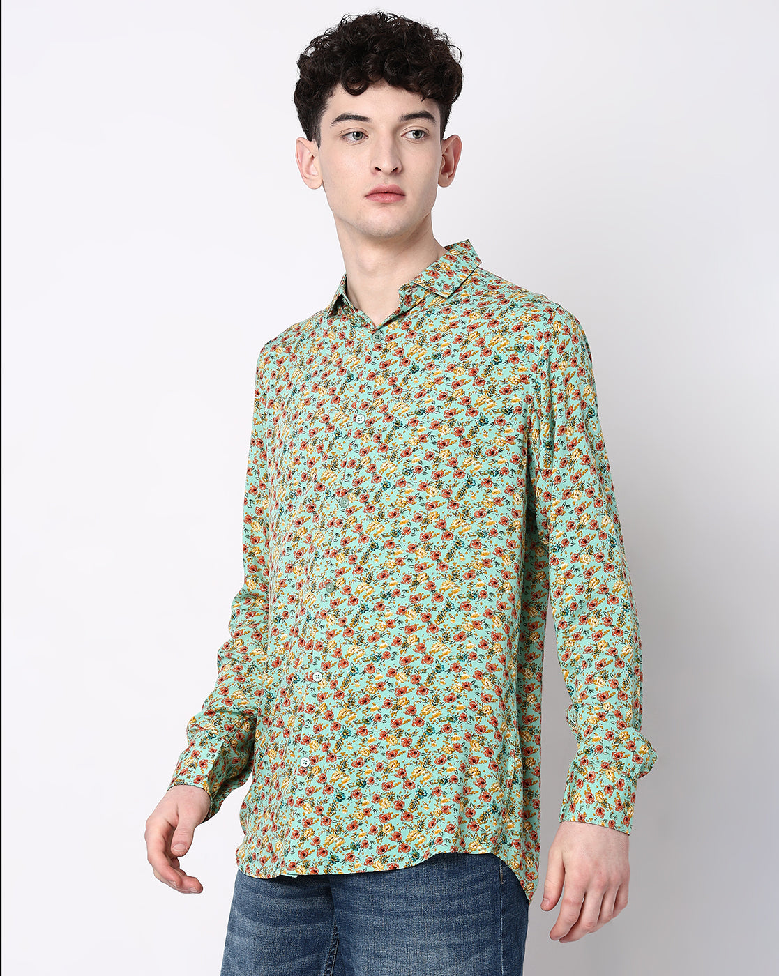 Green Floral Print Rayon Full Sleeve Shirt