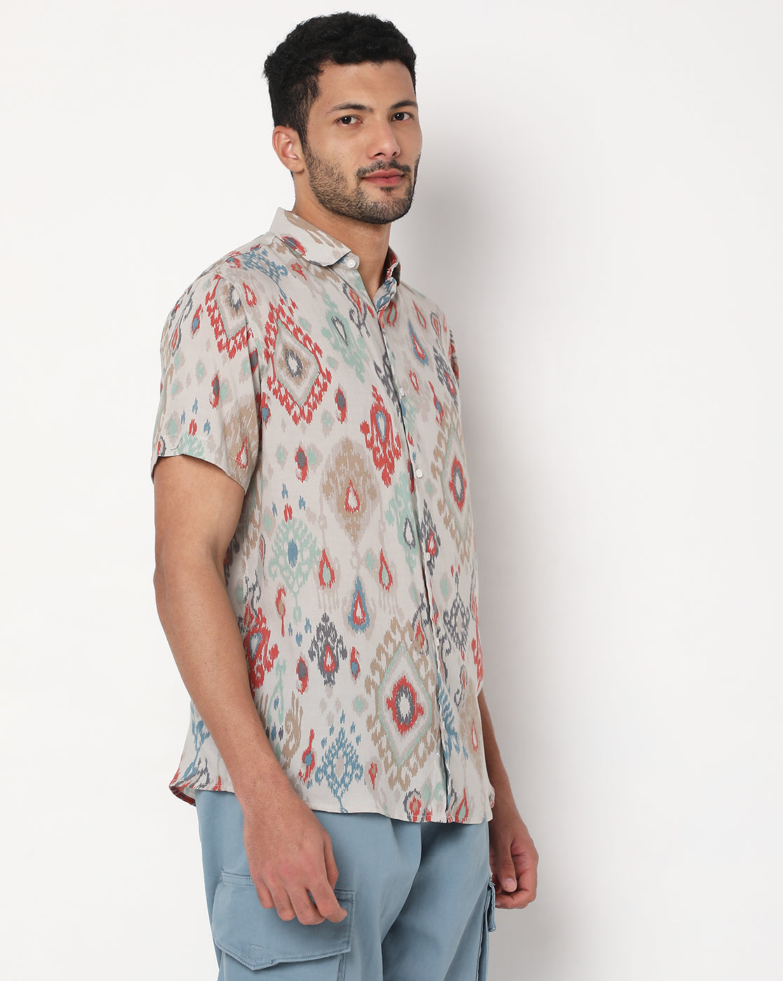 Beige Ikat Print Rayon Half Sleeve Shirt