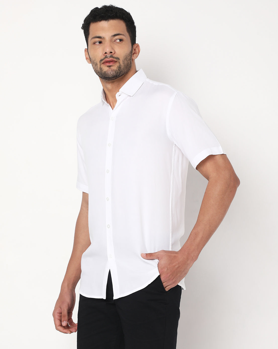 White Rayon Plain Half Sleeve Shirt