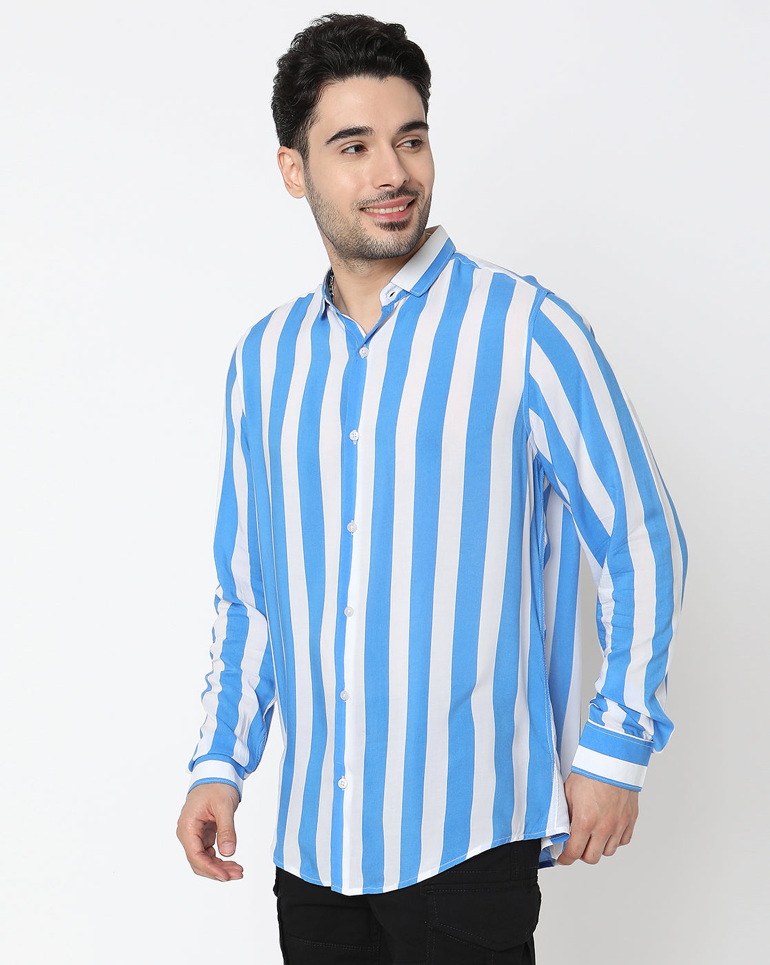 White and Blue Striped Full Sleeve Rayon Shirt