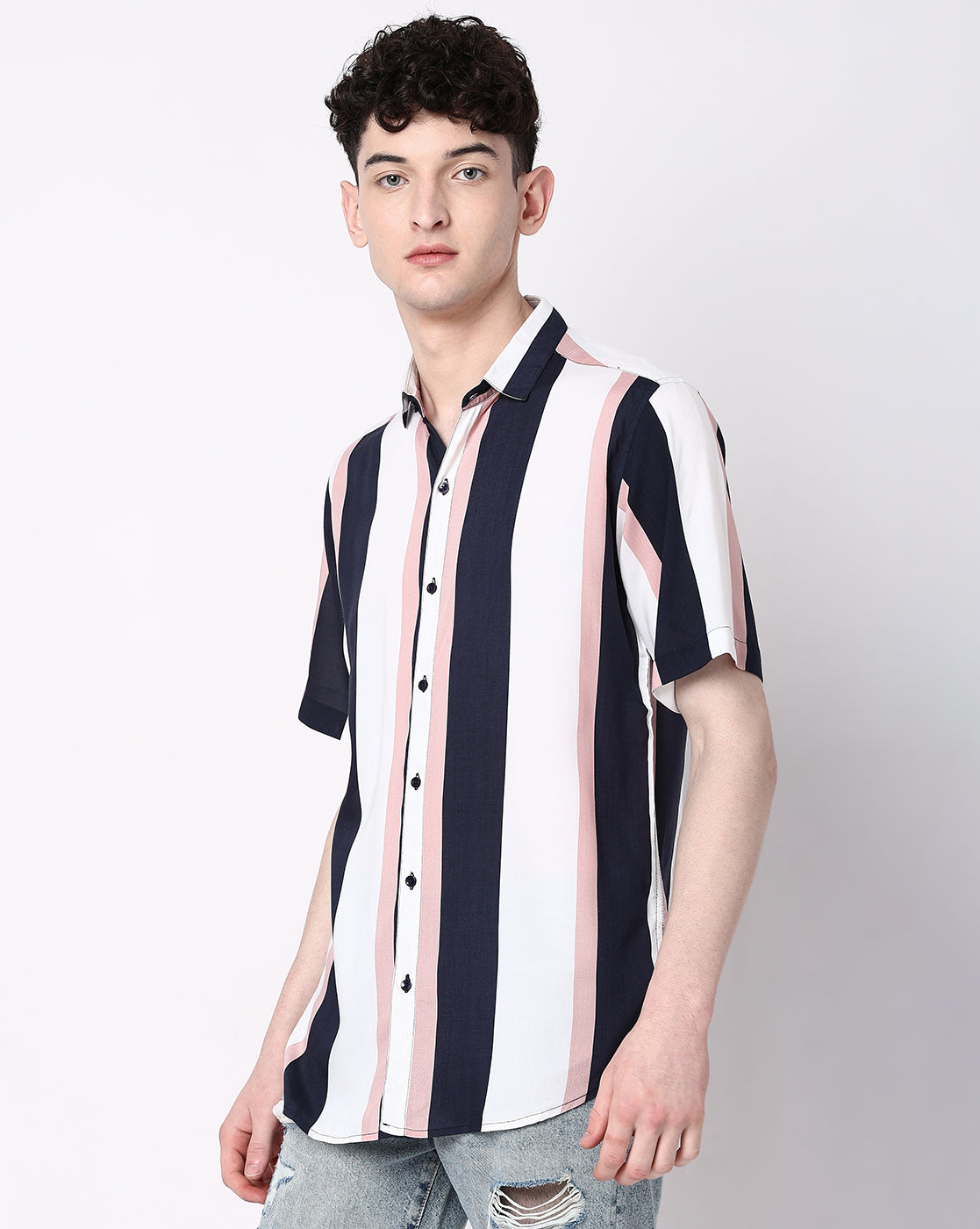 Multicolored Striped Rayon Half Sleeve Shirt
