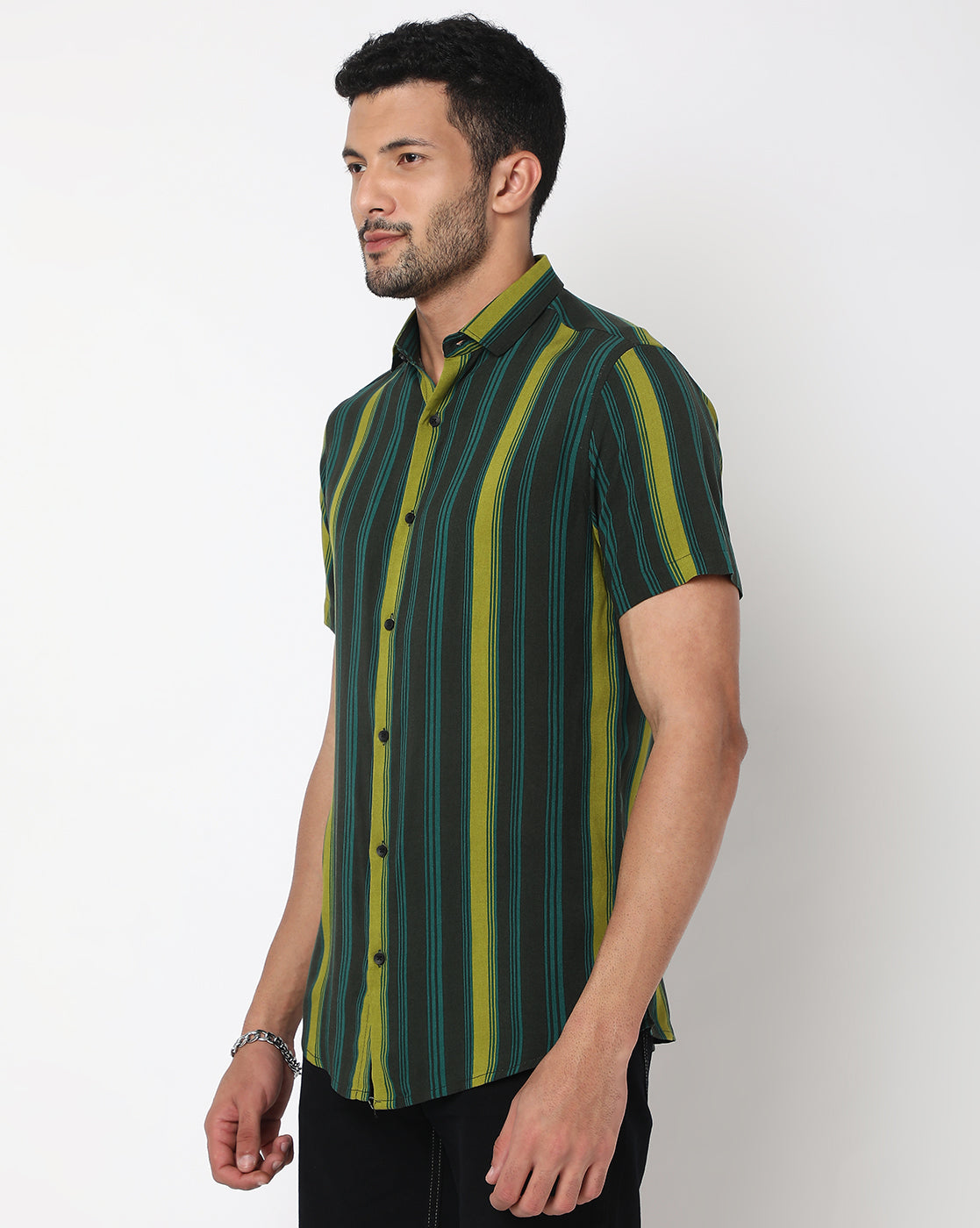 Black Green Uneven Stripes Rayon Printed Half Sleeve Shirt