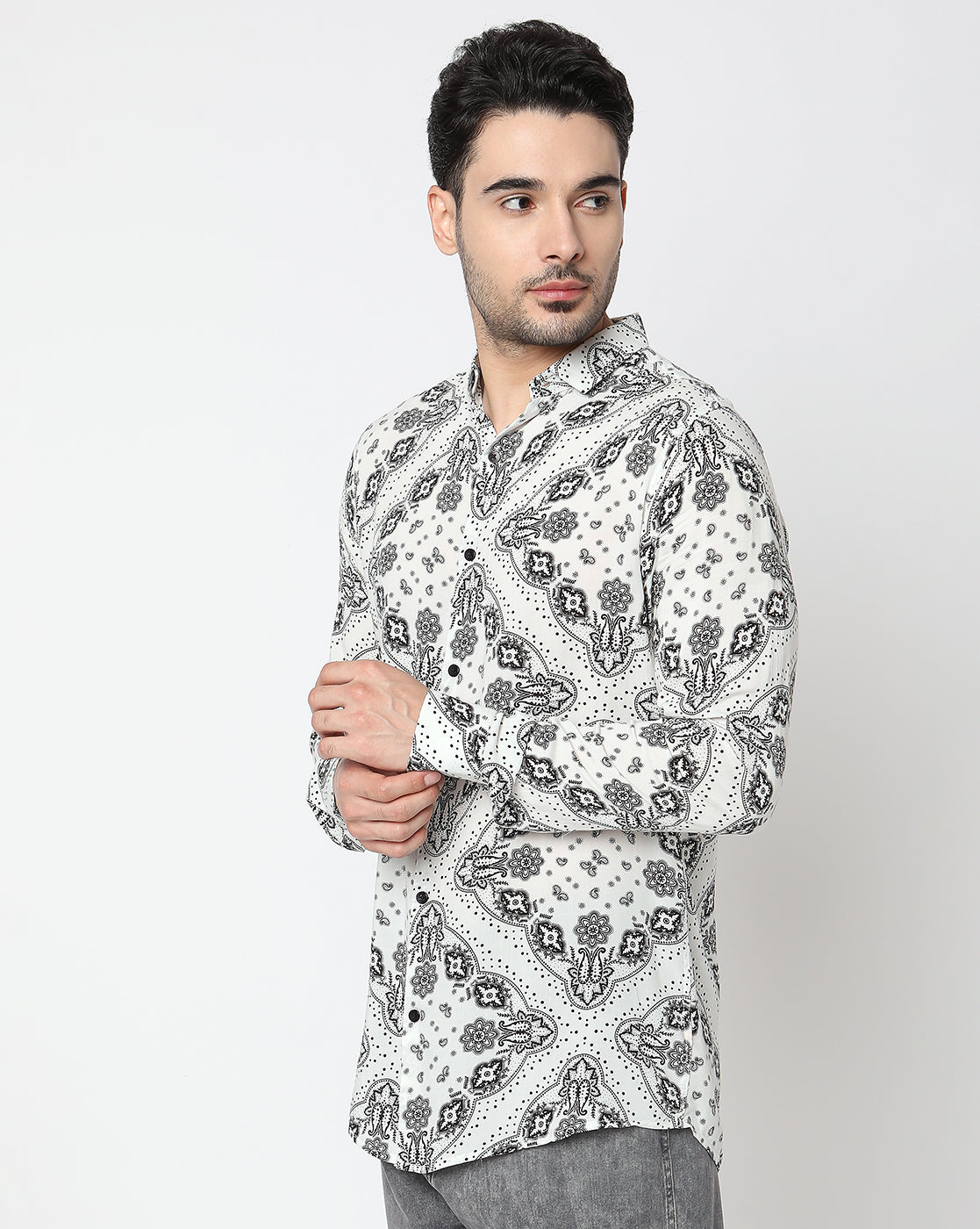 White Based Abstract Printed Full Sleeve Rayon Shirt