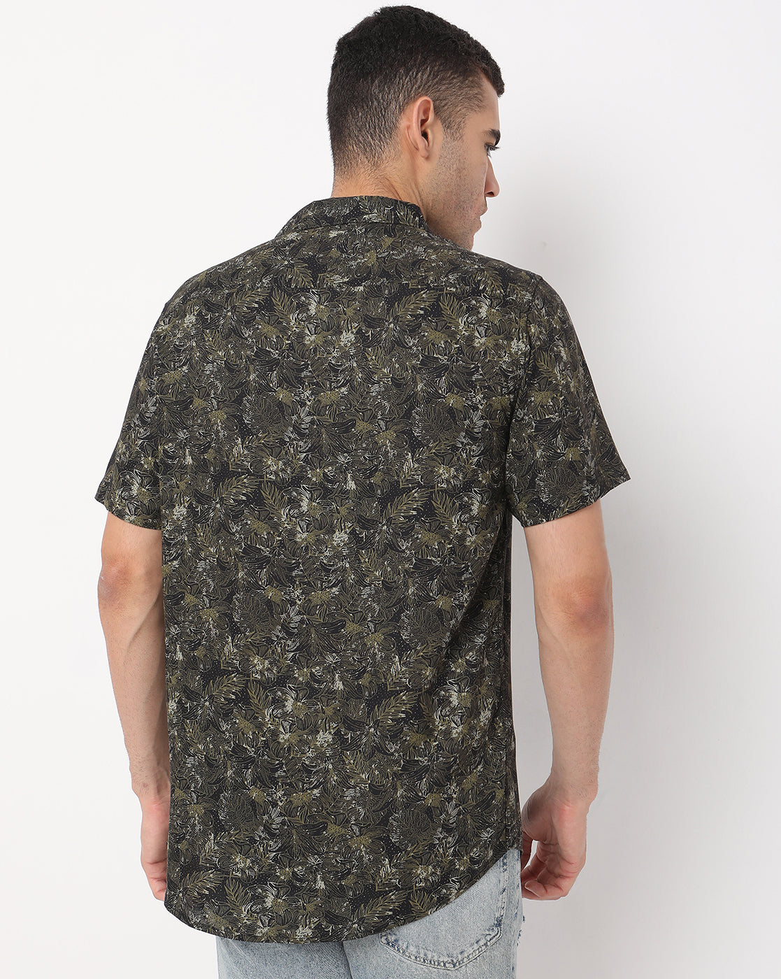 Black Leafy Printed Half Sleeve Rayon Shirt