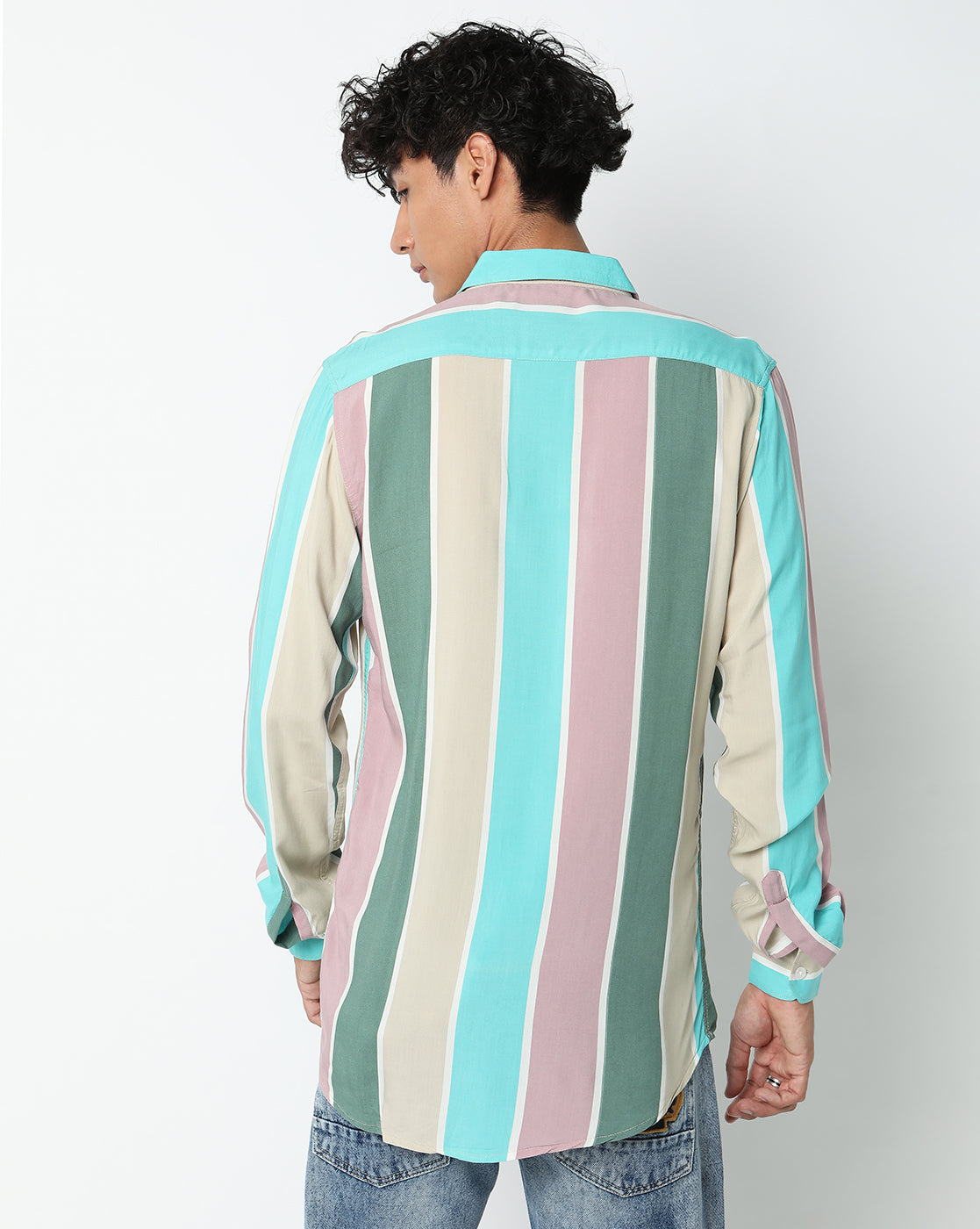 Blue and Pink Thick Striped Rayon Full Sleeve Shirt