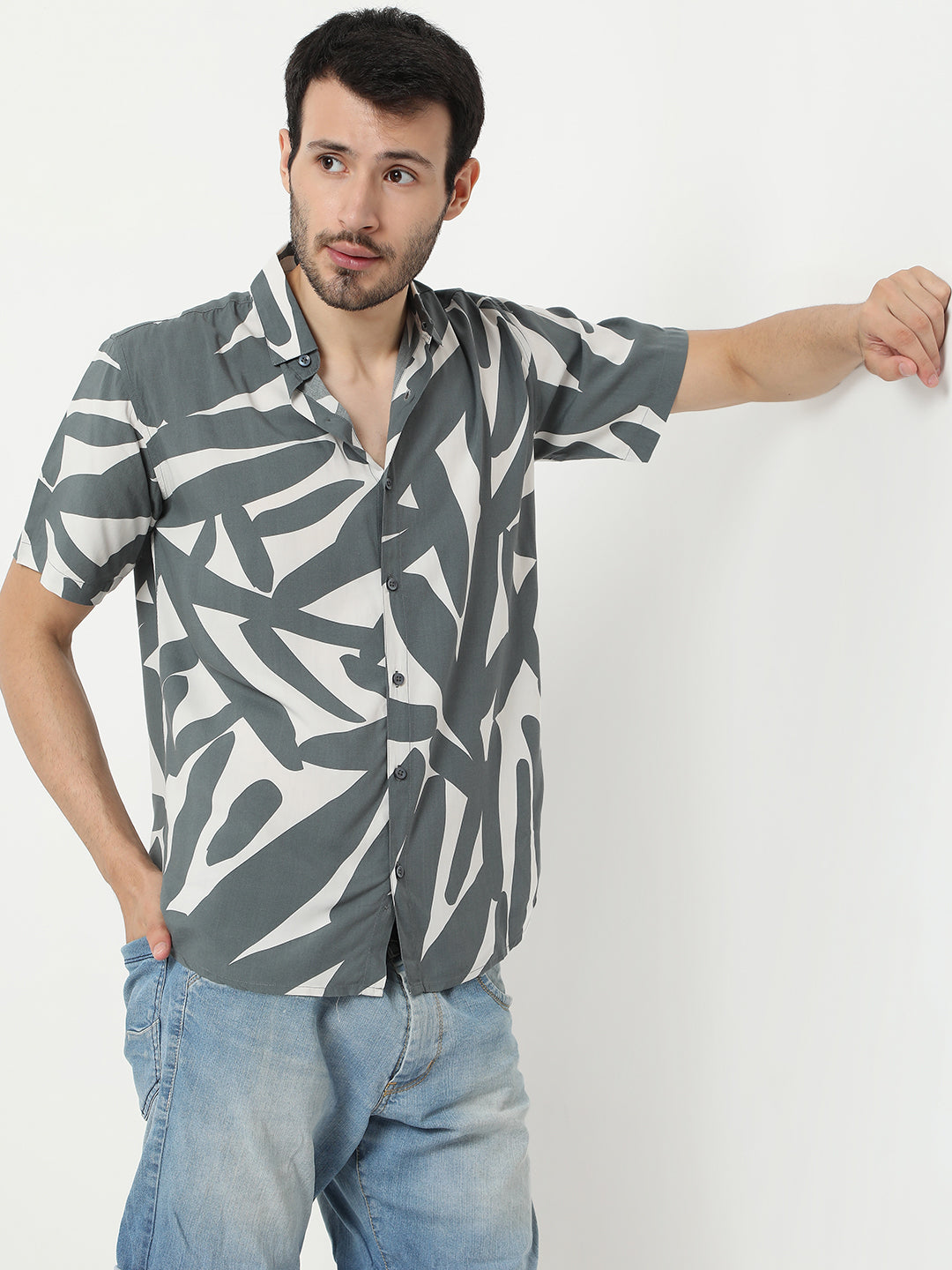 Grey and White Cactus Rayon Print Half Sleeve Shirt