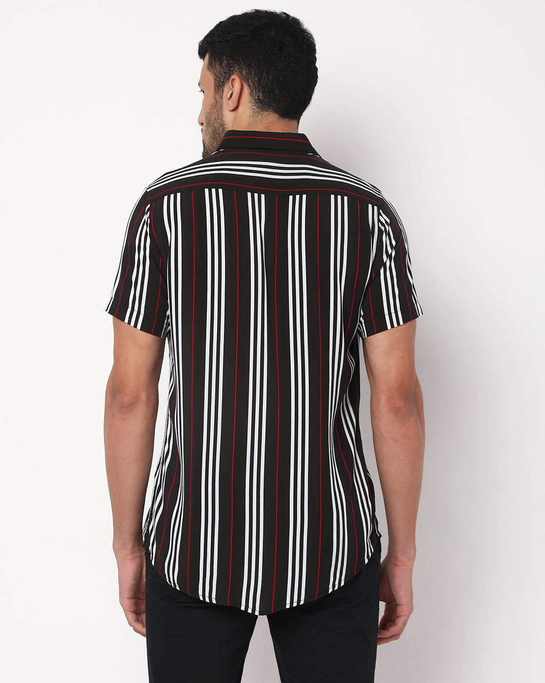 White on Black Stripes Rayon Printed Half Sleeve Shirt