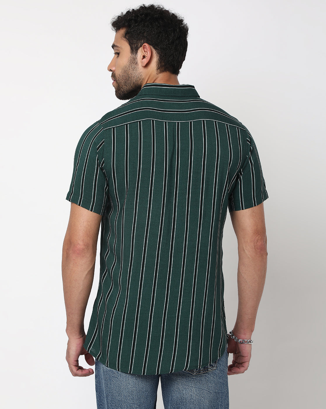 Bottle Green Black Stripes Rayon Printed Half Sleeve Shirt