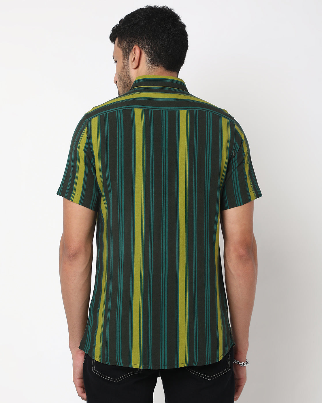 Black Green Uneven Stripes Rayon Printed Half Sleeve Shirt
