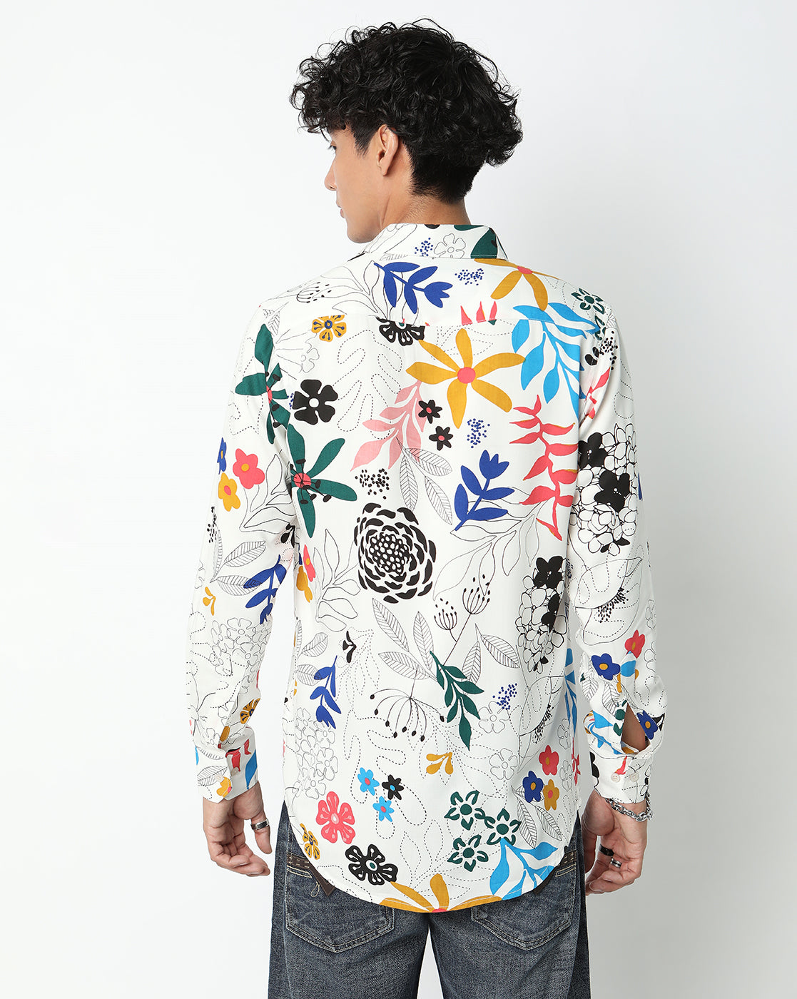 White Vibrant Flowers Abstract Rayon Full Sleeve Shirt