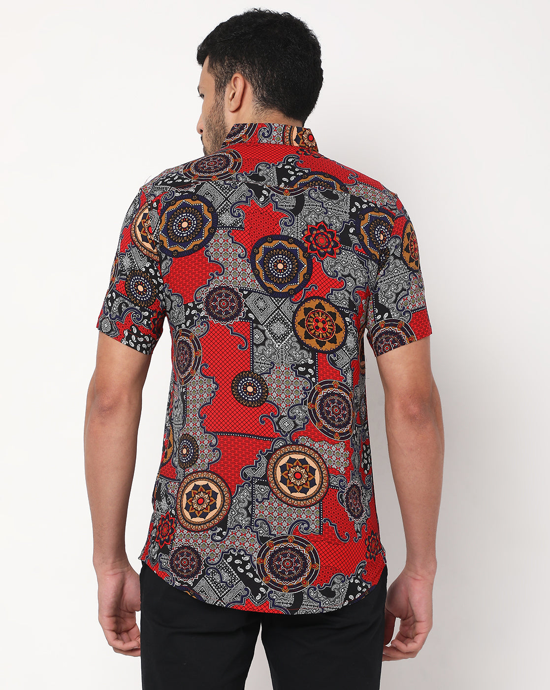 Abstract Printed Red Rayon Half-Sleeve Shirt
