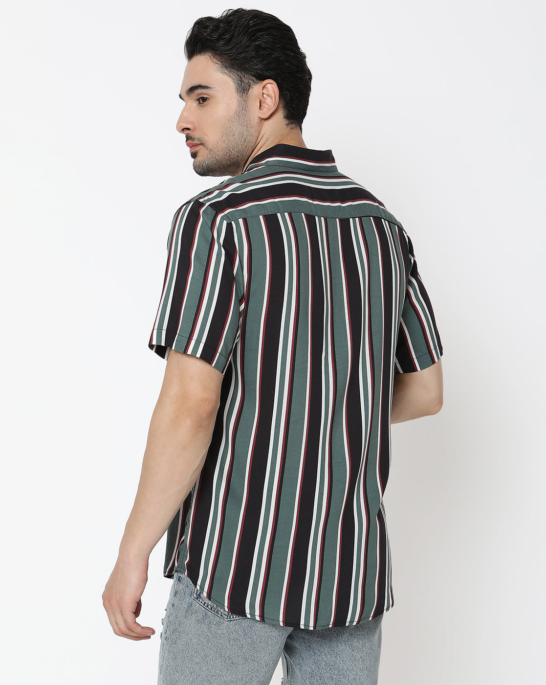 Army Green and Black Thick and Thin Striped Half Sleeve Rayon Shirt