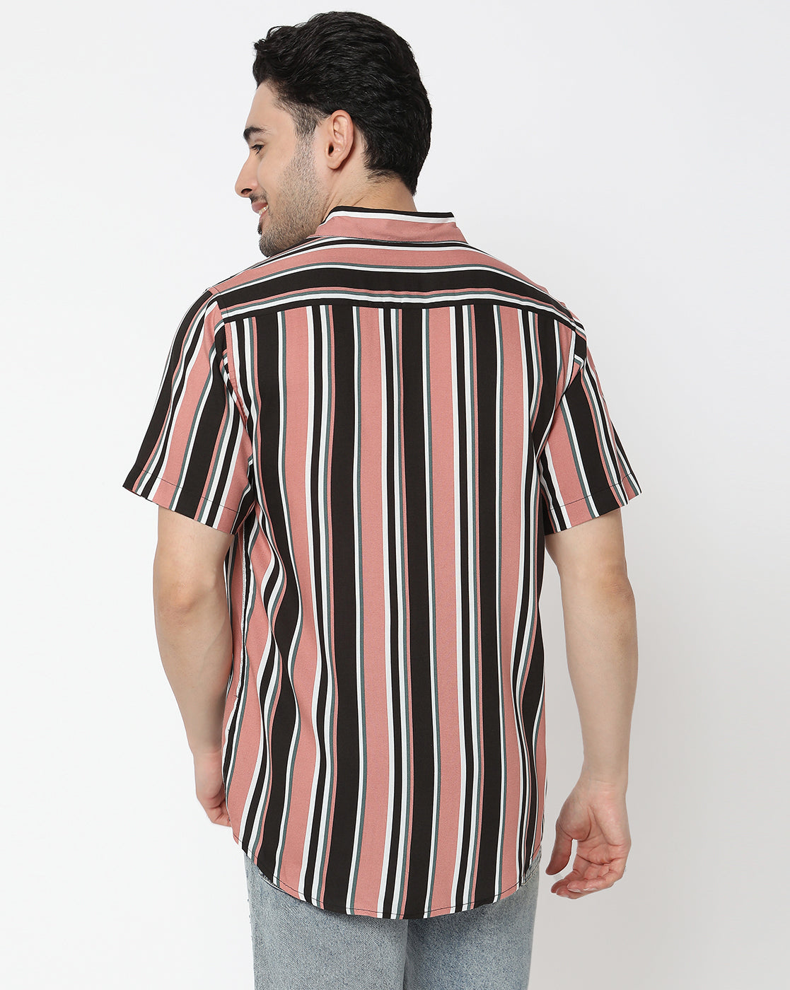 Peach and Black Thick and Thin Striped Rayon Half Sleeve Shirt