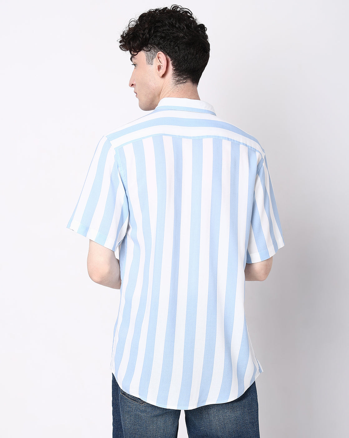 Light Blue Striped Rayon Half Sleeve Shirt