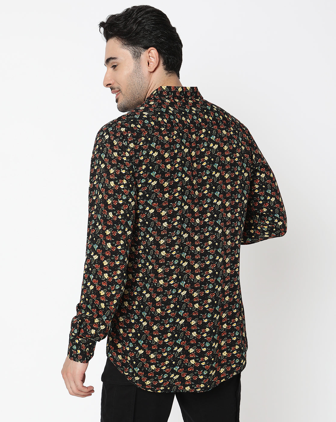 Black Based Multicolored Floral Printed Full Sleeve Rayon Shirt