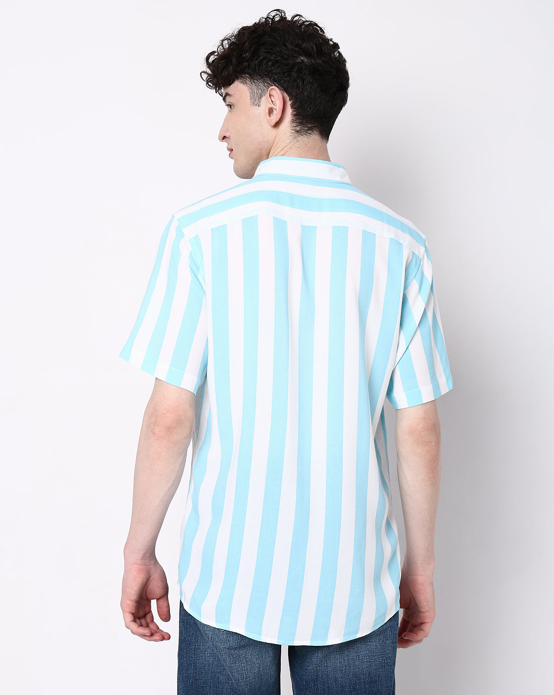Sky Blue Striped Rayon Half Sleeve Shirt