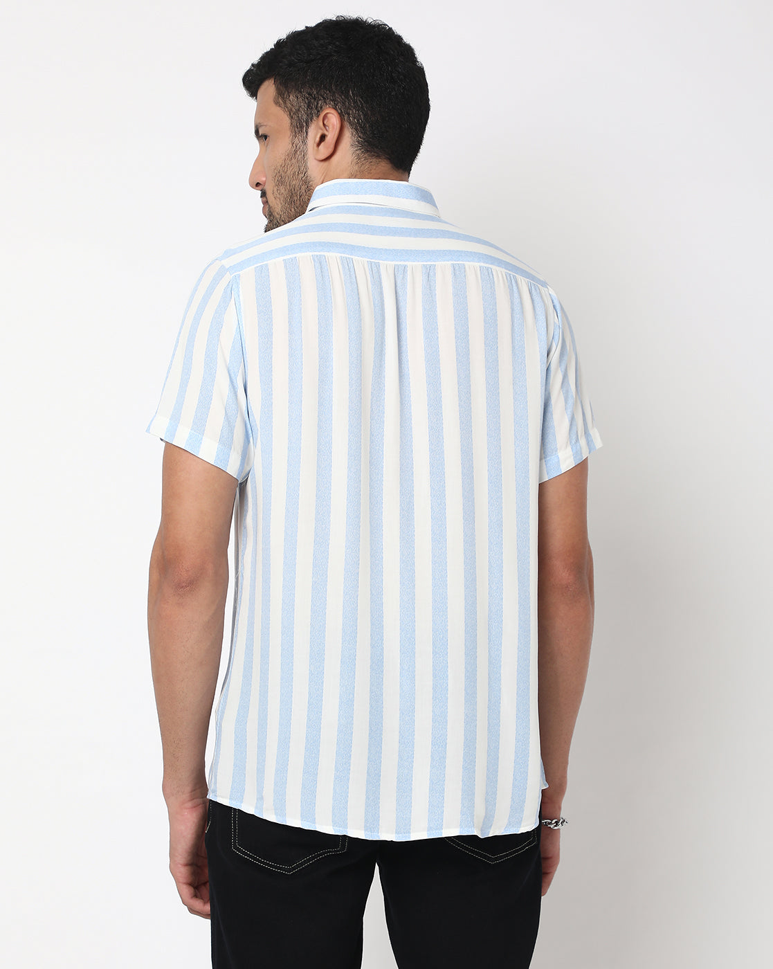 Light Blue Grainy Stripes Rayon Printed Half Sleeve Shirt