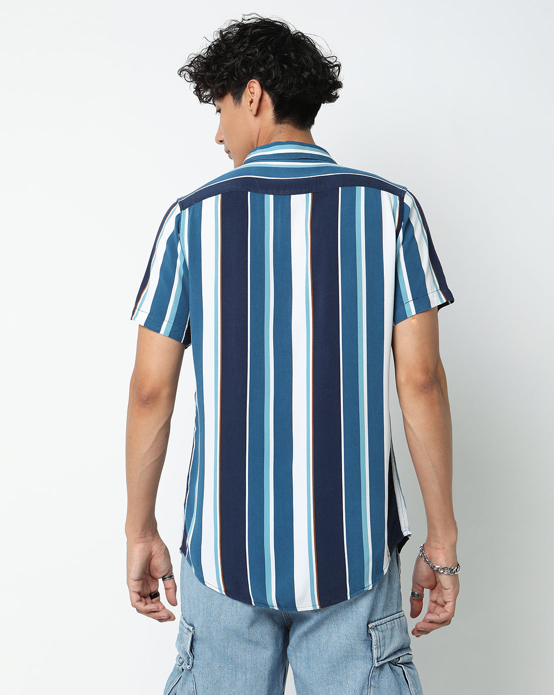 Blue Irregular Stripes Rayon Half Sleeve Shirt