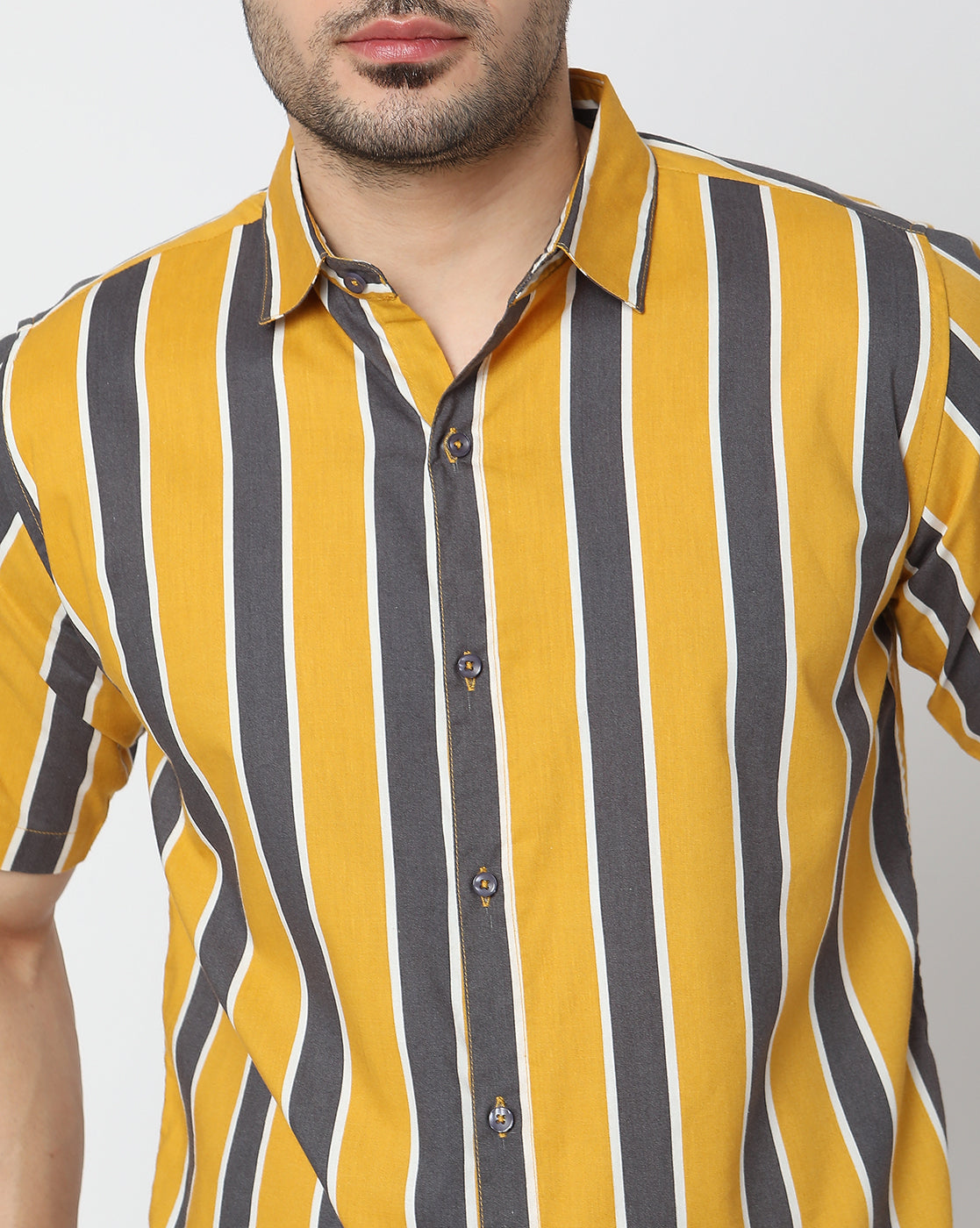 Yellow and Grey Thick and Thin Striped Rayon Half Sleeve Shirt