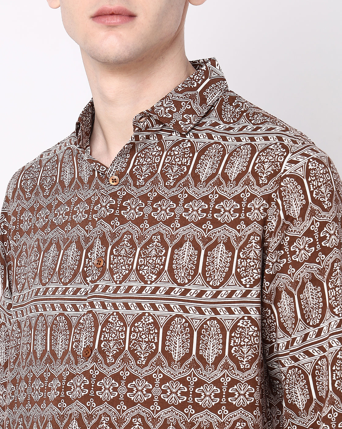 Brown Abstract Print Rayon Full Sleeve Shirt