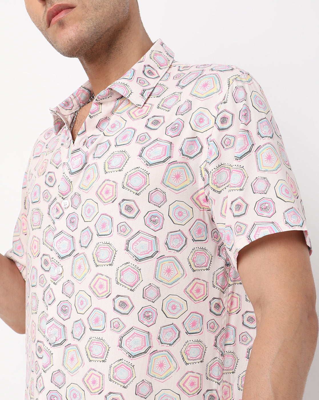 Light Pink Abstract Printed Half Sleeve Rayon Shirt