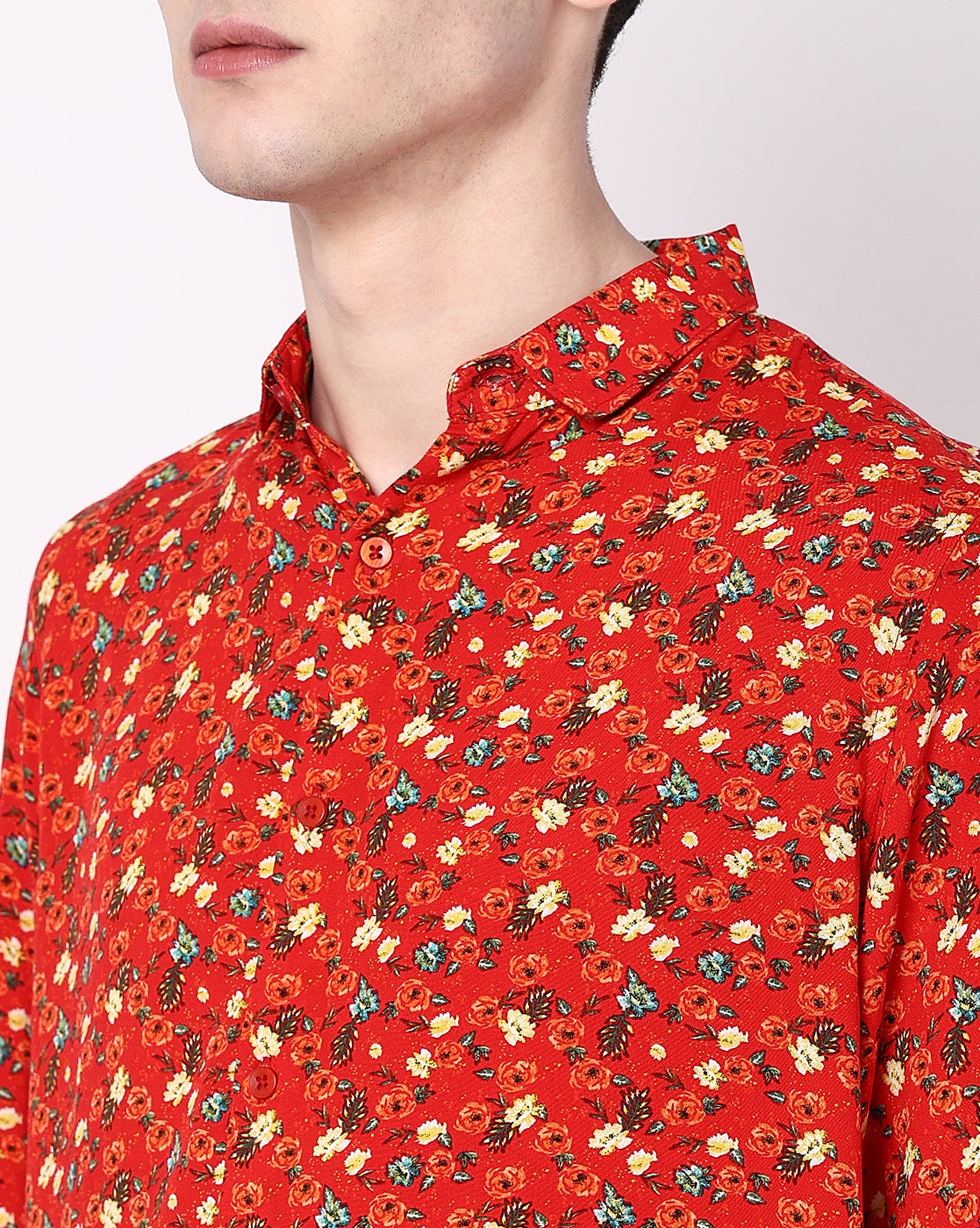 Red Based Garden Print Rayon Full Sleeve Shirt