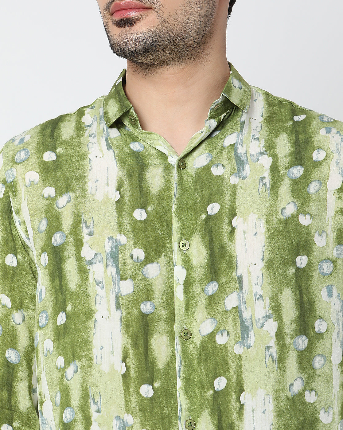 Green Based Abstracted Printed Rayon Full Sleeve Shirt
