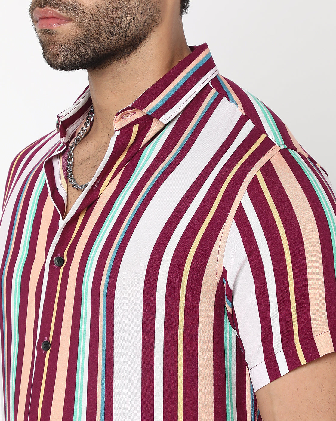 Maroon White Stripes Rayon Printed Half Sleeve Shirt