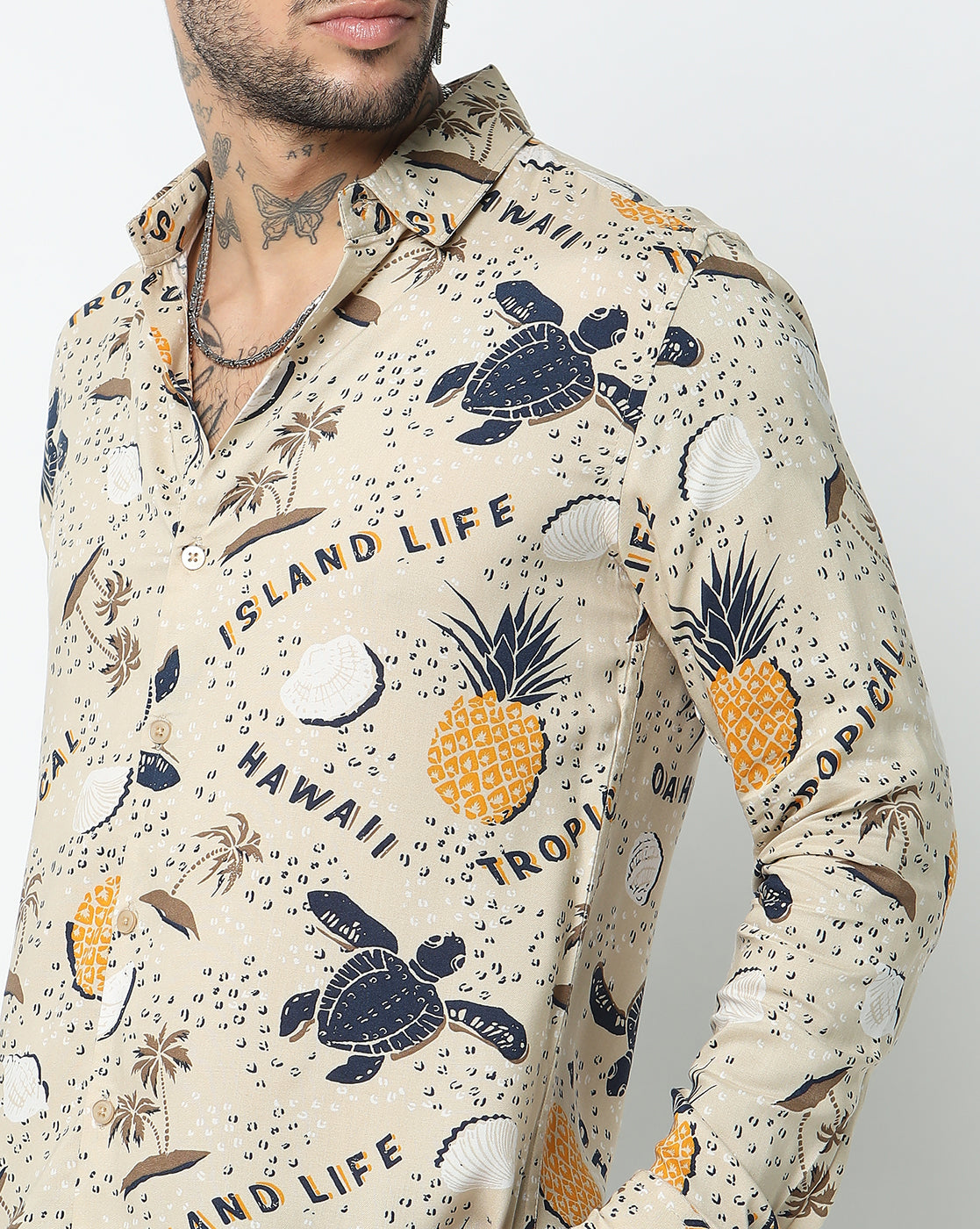 Beige Hawaii Island Life Rayon Full Sleeve Shirt