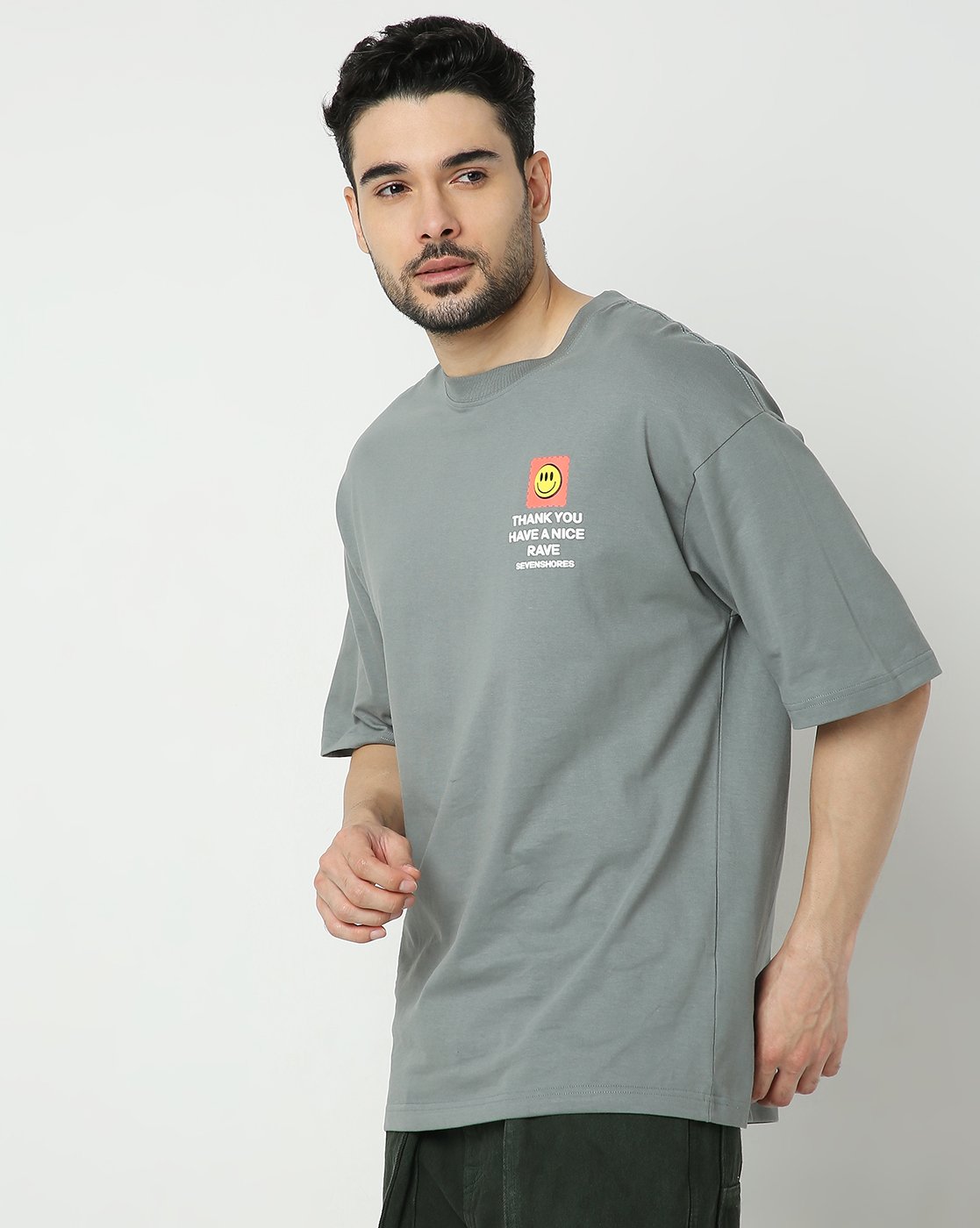 7Shores Grey Epic Rave Printed Oversized Tshirt