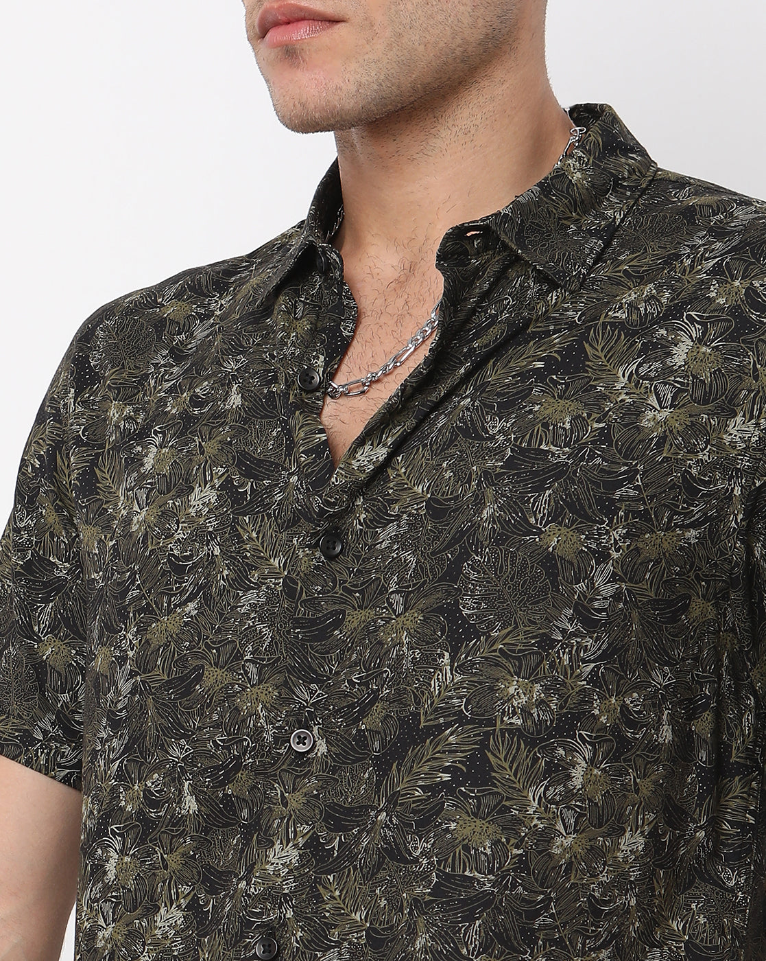 Black Leafy Printed Half Sleeve Rayon Shirt