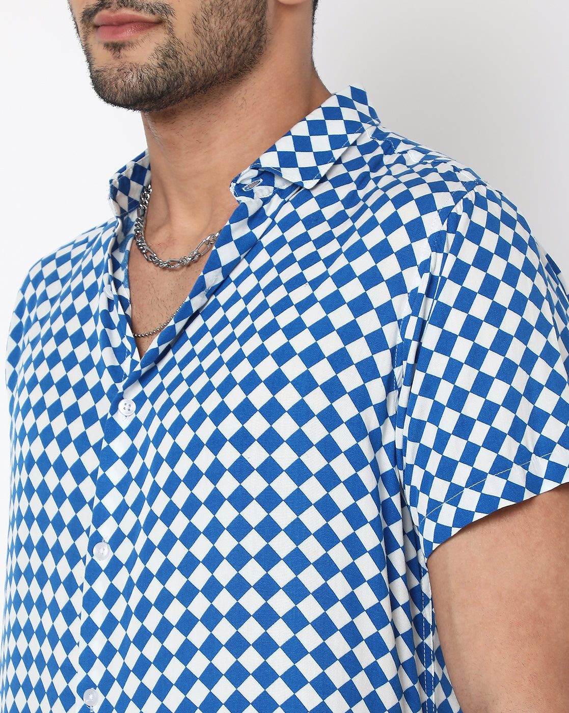 Blue White Micro Checks Rayon Printed Half Sleeve Shirt
