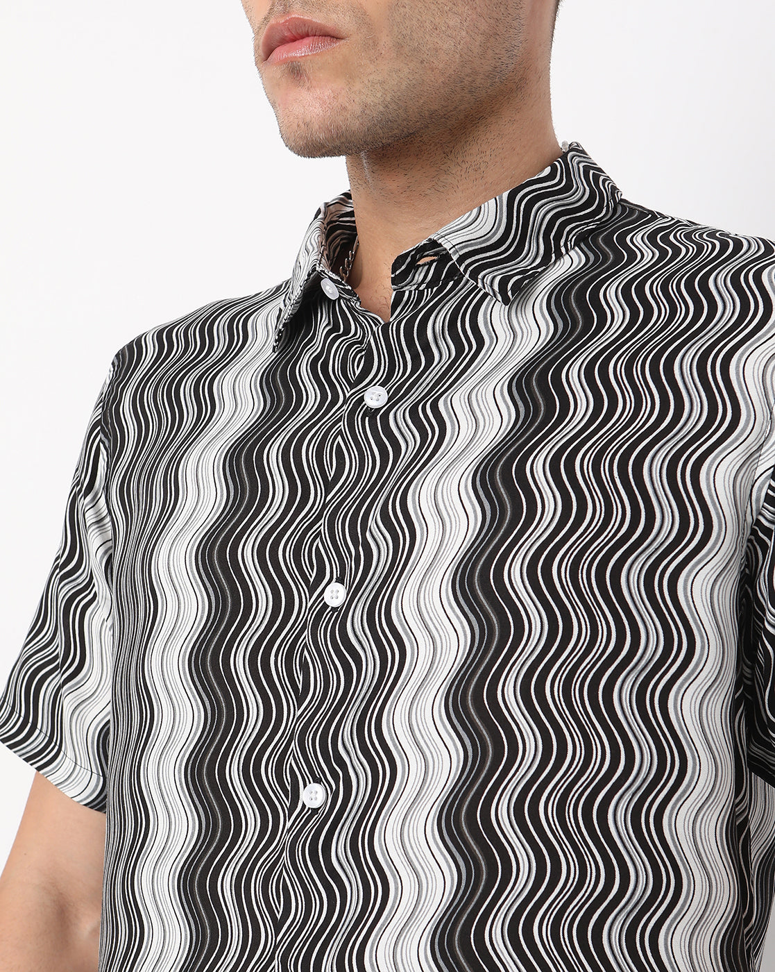 Black and White Wavy Printed Half Sleeve Rayon Shirt