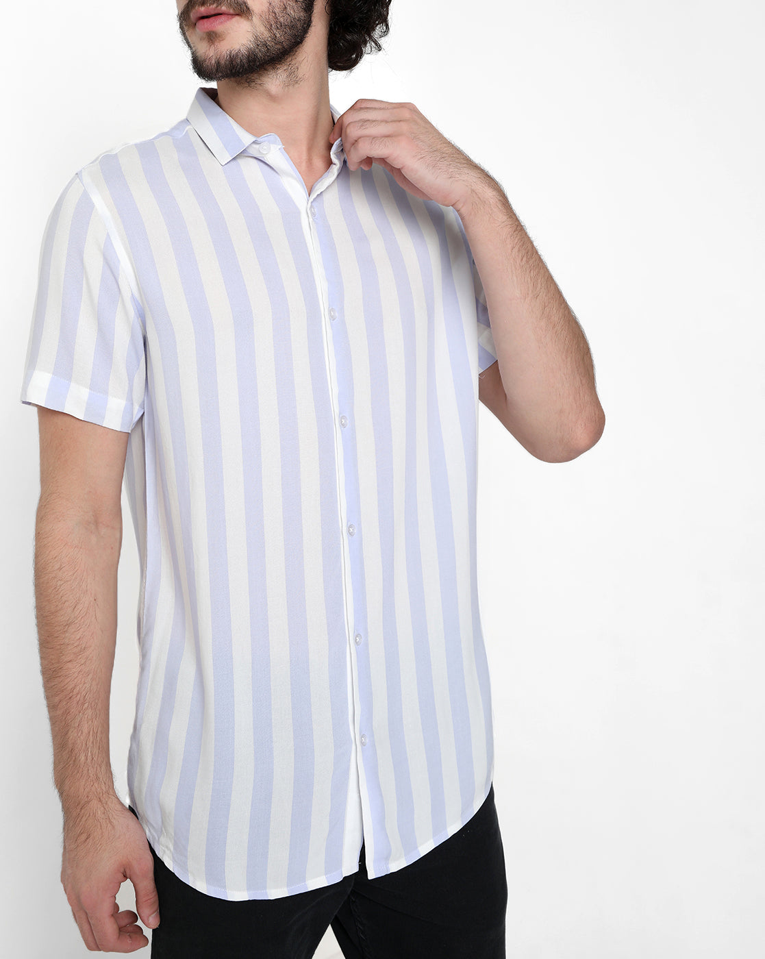 Lavender White Stripe Print Rayon Half Sleeve Shirt