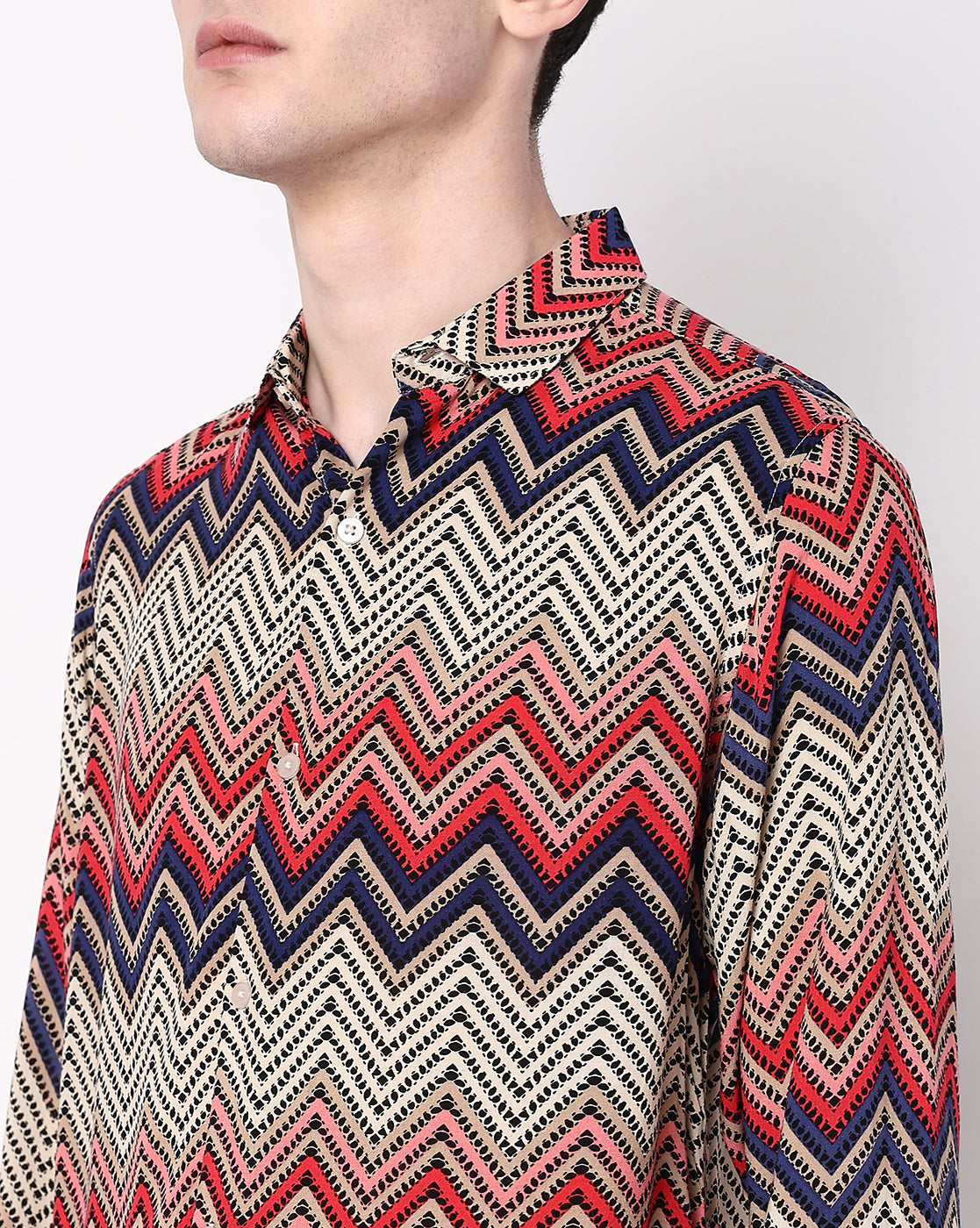 Red Based Multicolor Wave Designed Rayon Full Sleeve Shirt