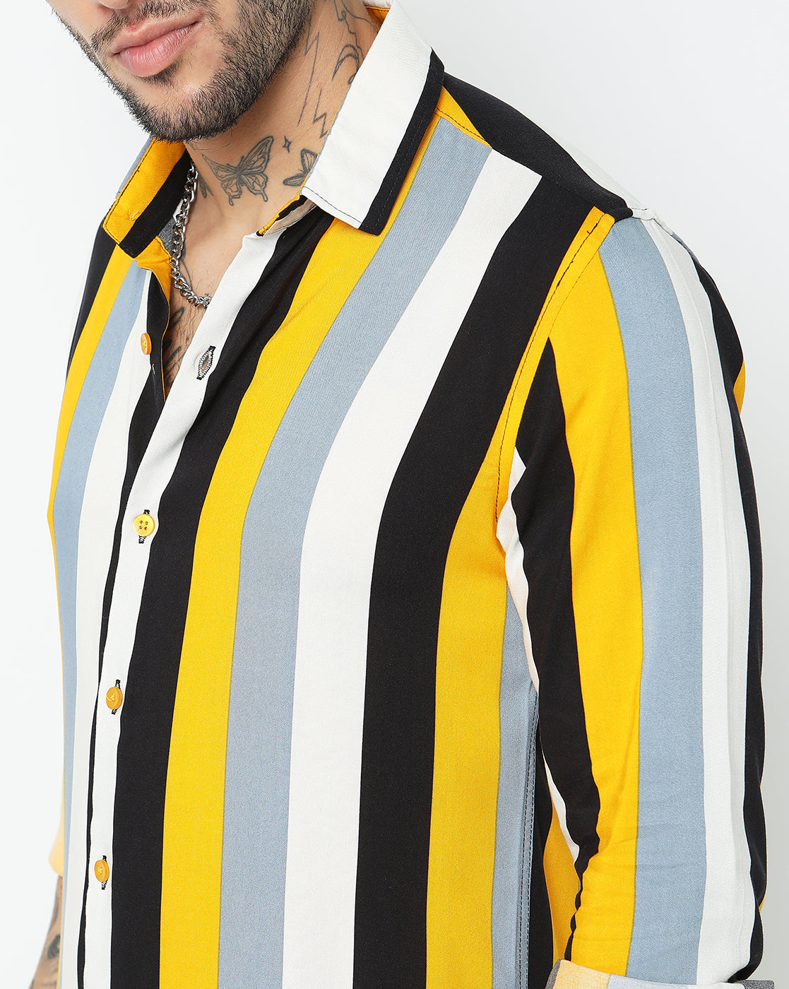Bright Yellow and White Roman Striped Rayon Full Sleeve Shirt