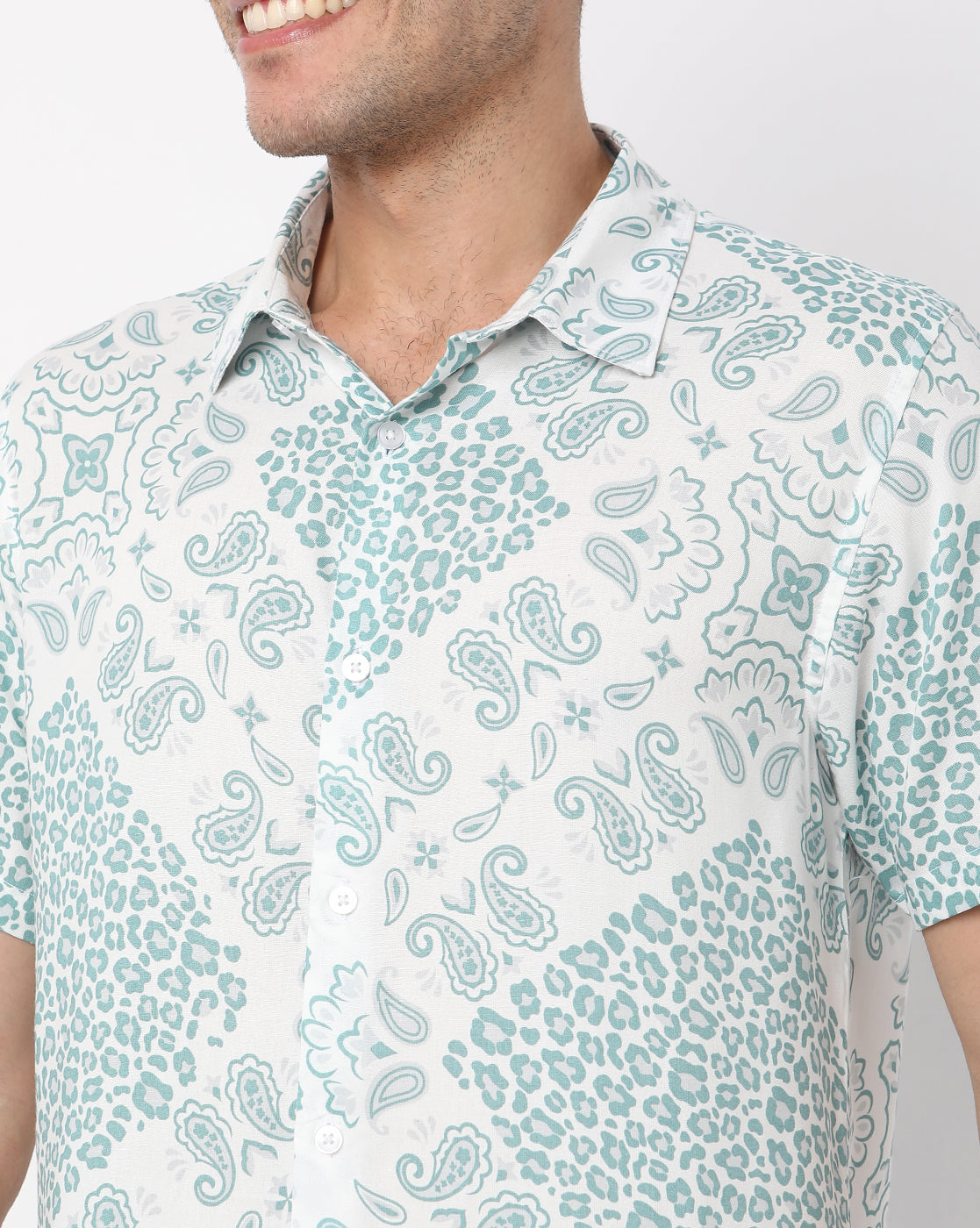 White Overall Abstract Printed Half Sleeve Rayon Shirt