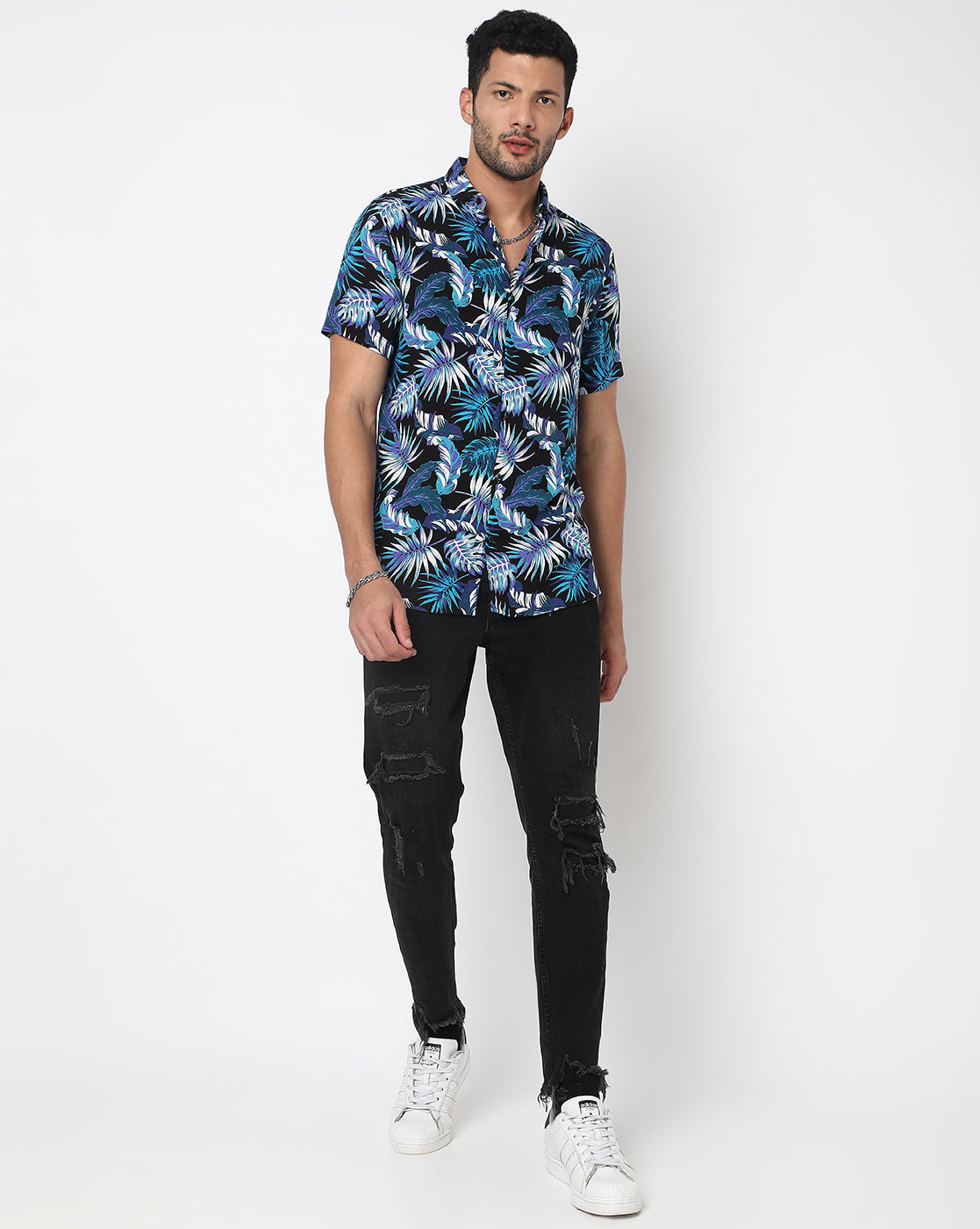 Blue & Black Tropical Printed Rayon Half Sleeve Shirt