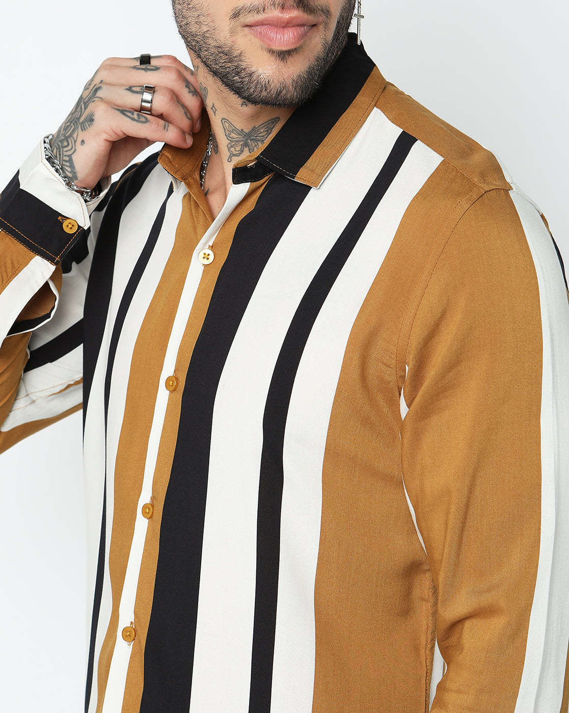 Ochre Yellow and White Bengal Stripes Rayon Full Sleeve Shirt