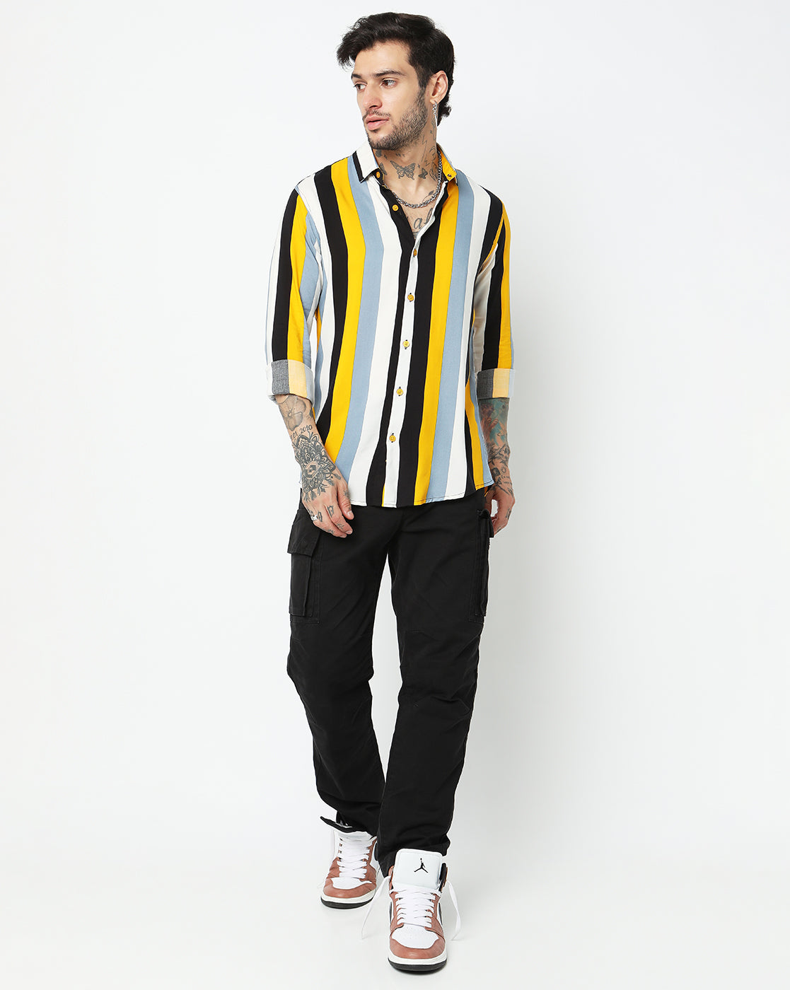 Bright Yellow and White Roman Striped Rayon Full Sleeve Shirt
