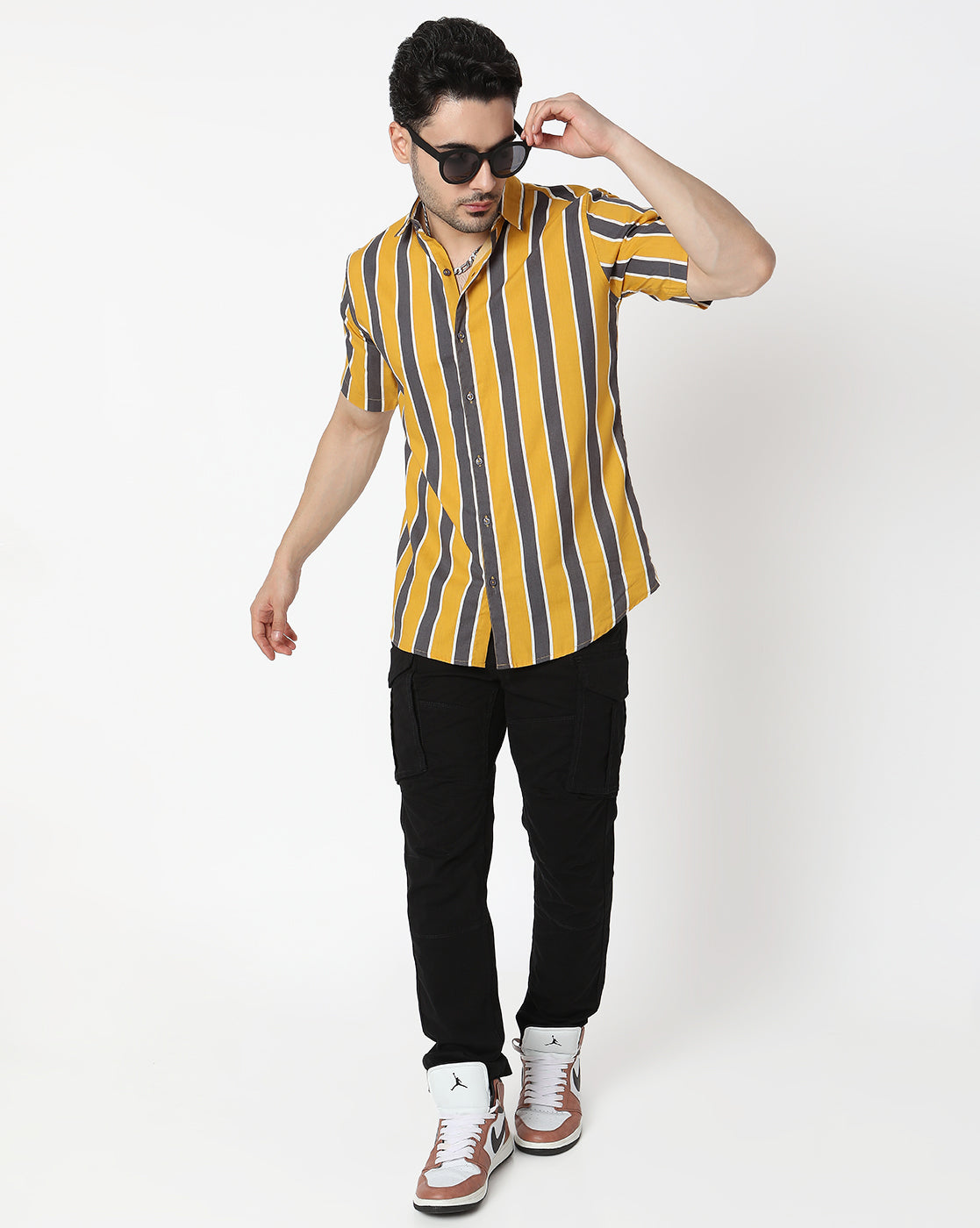 Yellow and Grey Thick and Thin Striped Rayon Half Sleeve Shirt