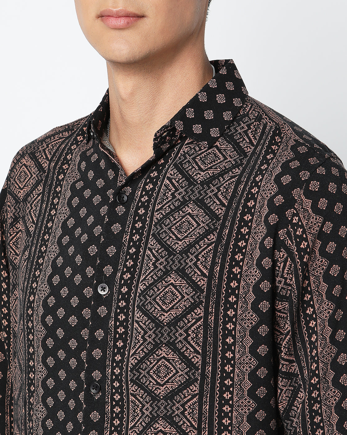 Black Balanced Aztec Print Rayon Full Sleeve Shirt
